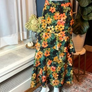 Tyler Boe NWT black silk maxi skirt with orange & yellow floral print, size 14